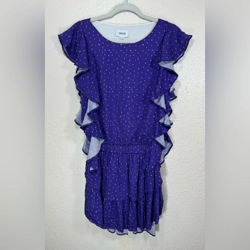 Koch Purple Star Print Mini Dress Women’s Small Ruffle Sleeves Ruffle Skirt